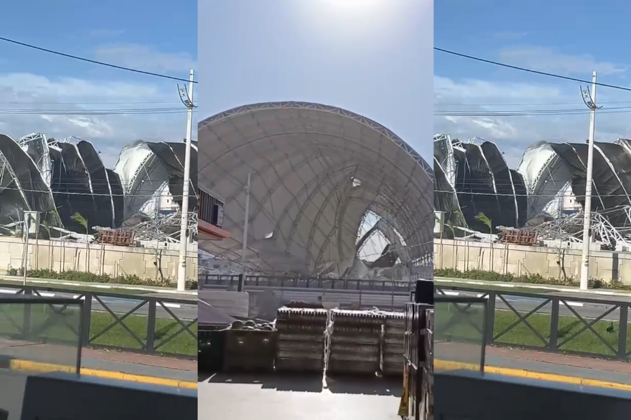 Imagem: Ventos fortes derrubam estrutura da Arena de Eventos em Bertioga; Defesa Civil isola local. Publicada no portal A+.