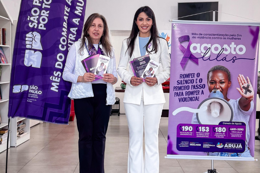 Imagem: Agosto Lilás em Arujá mobiliza população com ações de conscientização e proteção às mulheres. Publicada no portal A+.