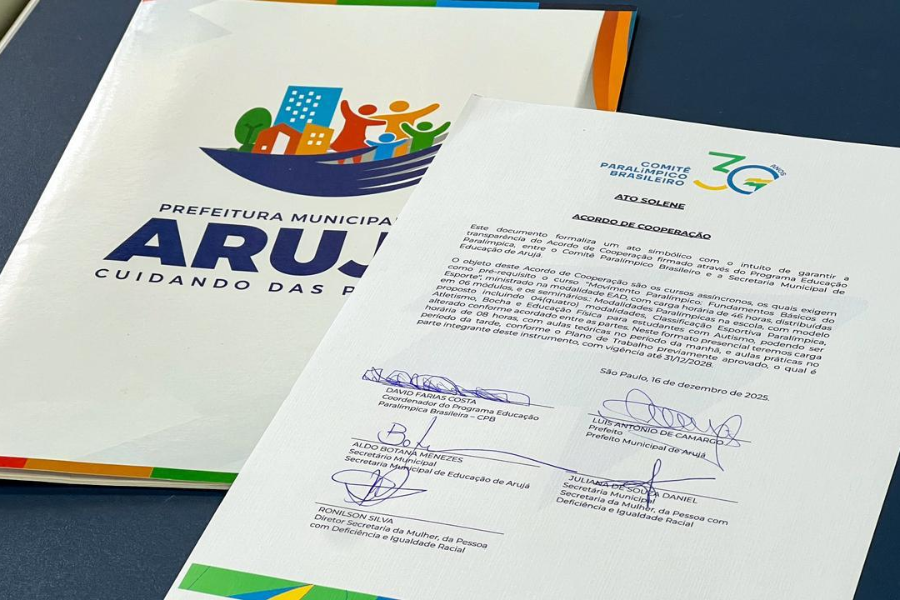 Imagem: Arujá firma parceria com o Comitê Paralímpico Brasileiro e lança Programa Educação Paralímpica. Publicada no portal A+.