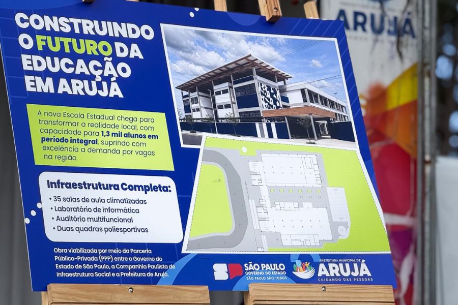 Imagem: Com capacidade para 1,3 mil alunos, Arujá lança pedra fundamental de nova escola estadual em tempo integral. Publicada no portal A+.